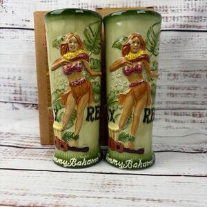 2007 Tommy Bahama Relax Bikini Bongo Tiki Mug Tumbler Hand Painted set of 2‎